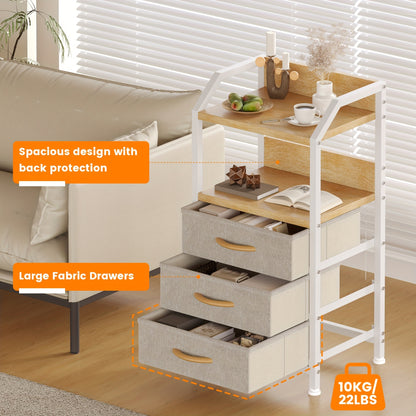 Modern End Table with 3 Fabric Drawers & 2 Open Shelves - Metal Frame Bedside Table, Light Beige Finish, 68.58cm Height, 3, 2 Cu Ft Storage, Easy Assembly for Bedroom & Living Room, Bedroom Nightstand, Contemporary Design, Sturdy Construction, Minimalist
