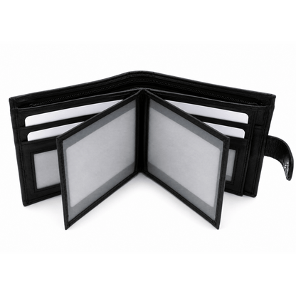 Mens Genuine Leather Wallet Black RFID Blocking Soft Tri Fold Card Slots Id Window and Coin Pocket