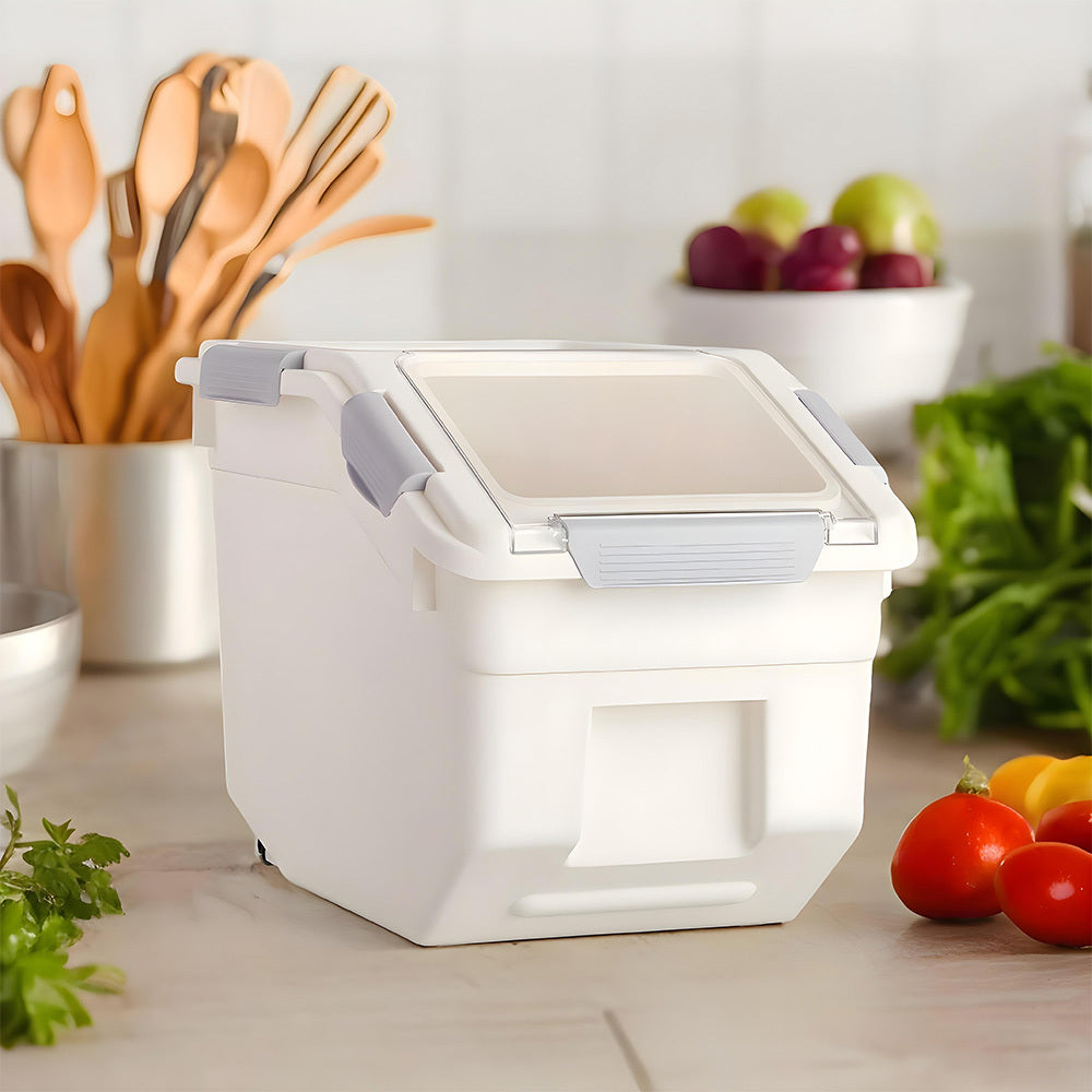 Rice Dispenser 10kg with Scoop, PP Rice Storage Container with Lid & Wheels for Dog & Cat Food, Flour, Cereal, Nuts, Beans, Kitchen Storage Box, Grey/ Green, 35*20*26CM