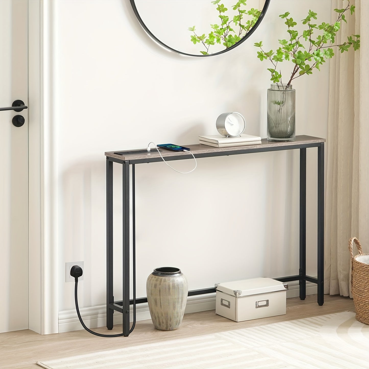 Console Table with Power Outlets, Slim Hallway Tables Ideal for Narrow Spaces, Easy to Install Modern Home Decor, Stylish Small Space for Living Room Or Sofa Area, Rustic Brown, Grey
