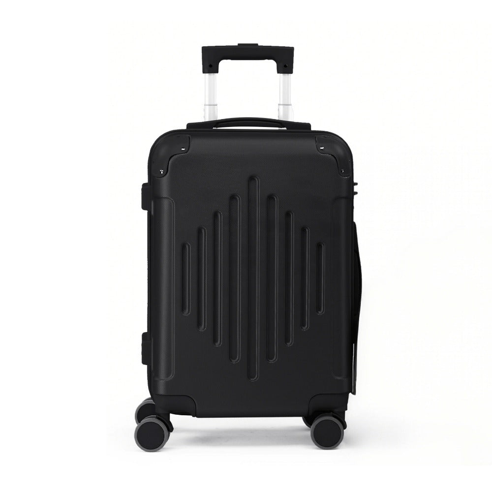 of Trolley Cases in Sizes 12, 16, 20, 24, And 28 Inches, Featuring a Stylish Diamond Stripe Design with Reinforced Corners, Made from Durable ABS Material, Perfect for Travelers on Extended Trips