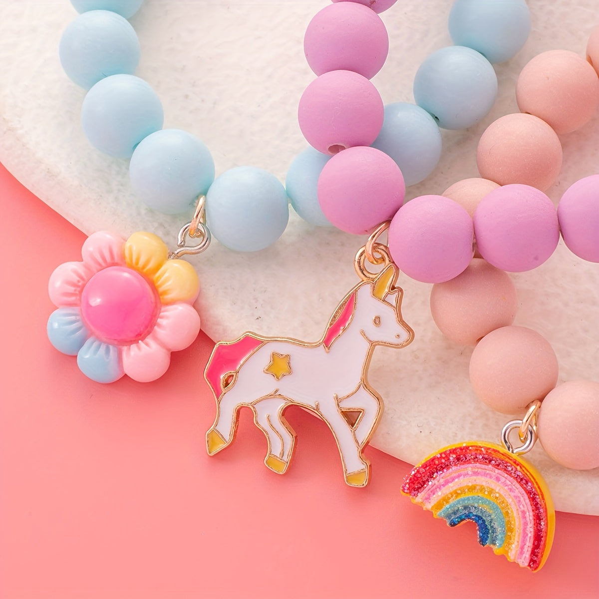 3pcs Cute Minimalist Unicorn Sunflower Rainbow Beaded Bracelets for Girls' Daily Wear
