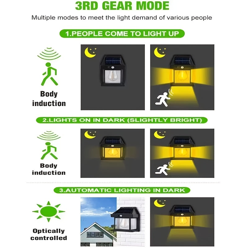 New Style Solar Filament Wall Lamp, 3 Modes, Motion Sensor Outdoor Light, Perfect for Festival Gifts, Weddings, Yard Decorations, Bars, 3500 Lumens, Salons, And Store Displays, Villa Garden Yard IP65 Decorative Sensing Lanterns