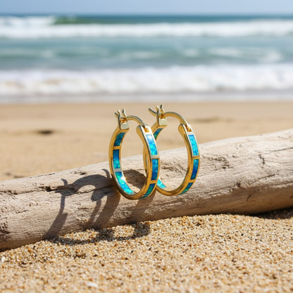 Boho Vintage Blue White Synthetic Opal Earrings | 14K Golden Plated Copper Hoop Earrings for Women, Suitable for Daily and Party Occasions