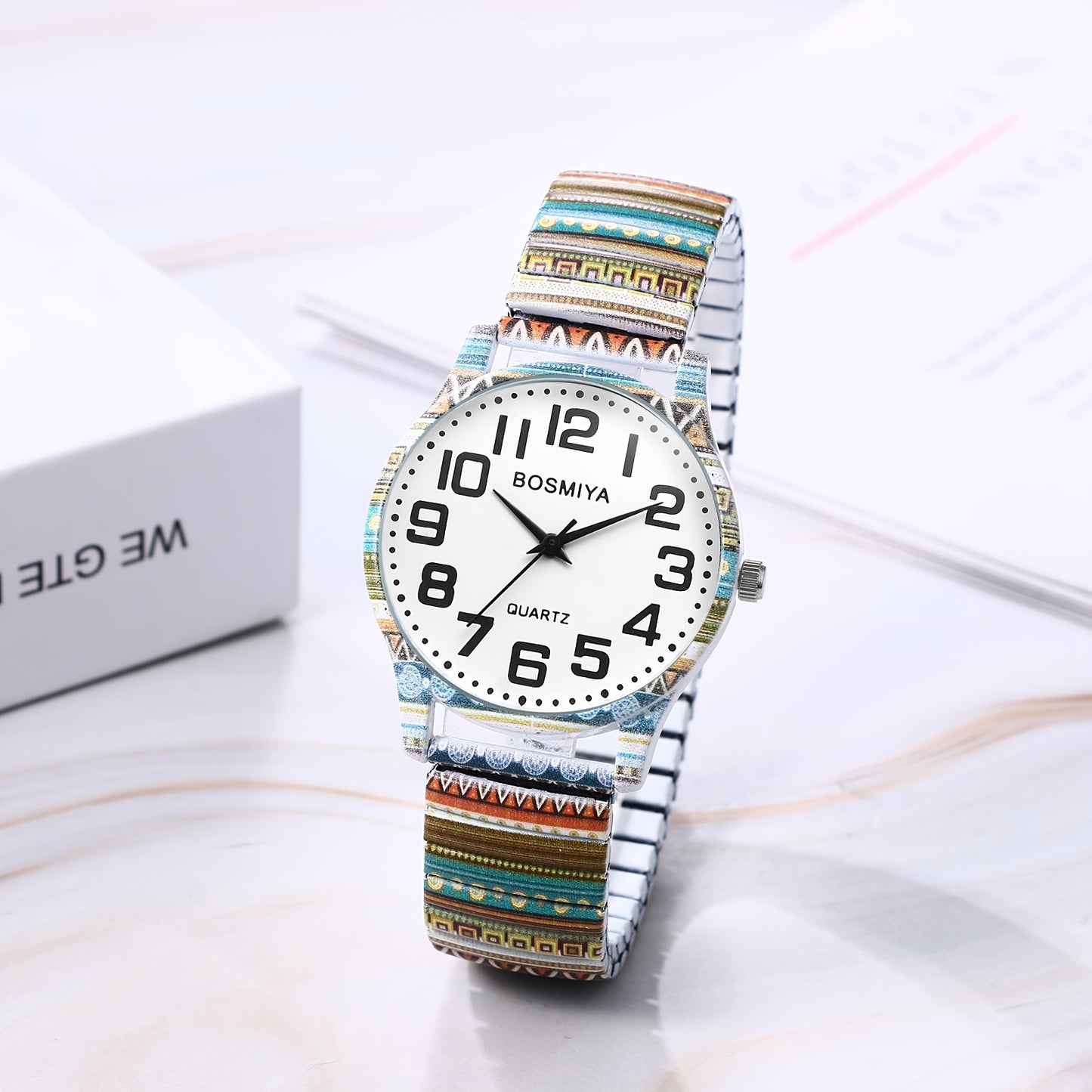Bohemian Women's Stretch Watch, Analog Quartz Wristwatch, Large Arabic Numerals Scale, Clear And Easy to Read, Round Case, Printed Decorative Stainless Steel Strap, Suitable for Casual, Business Wear, Mother's Day Christmas Birthday Gift