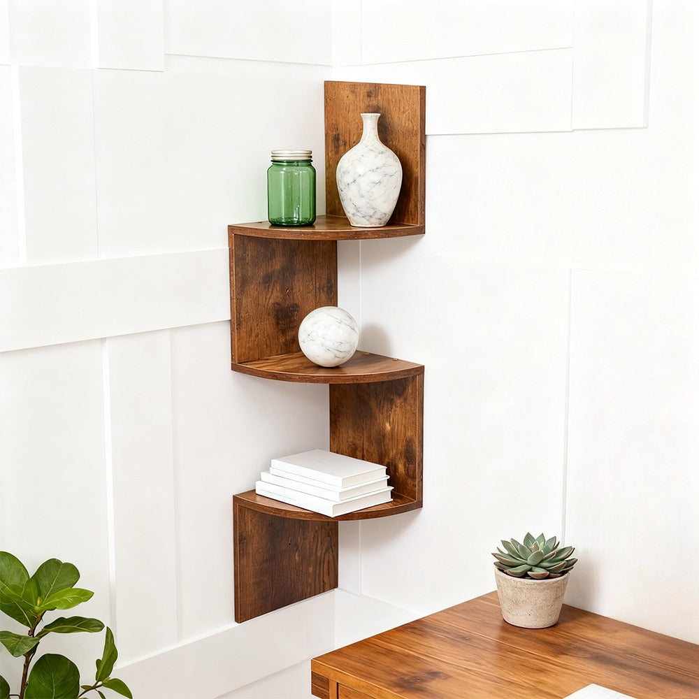 Three-Tier Rustic Corner Wall Shelf with Curved Platforms - product detail 5