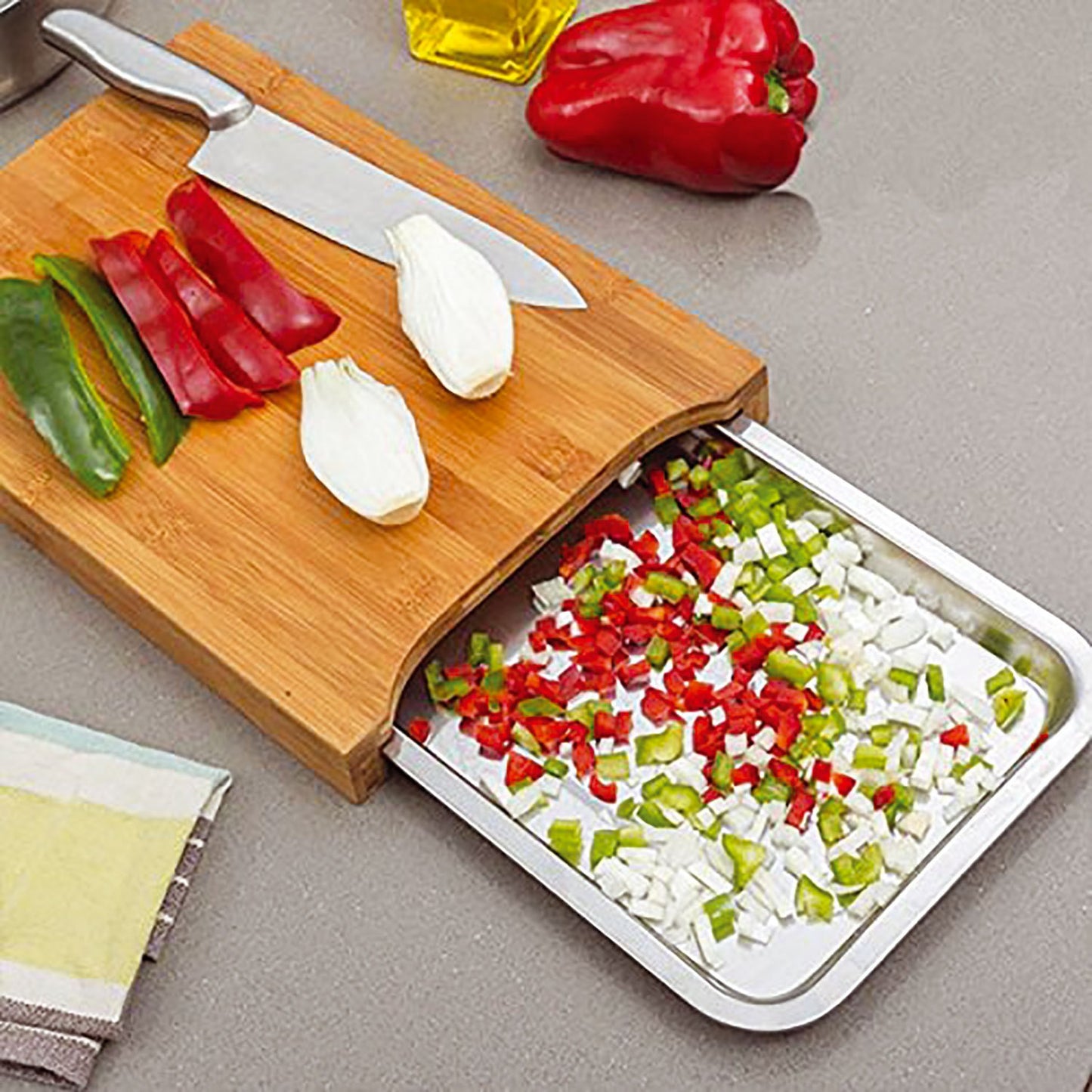 Taylor & Brown Bamboo Organic Wooden Chopping Board Cutting Slicing with Sliding Stainless Steel Tray for Food Prep, Meat, Vegetables & Bread, 35cm x 24cm x 4cm