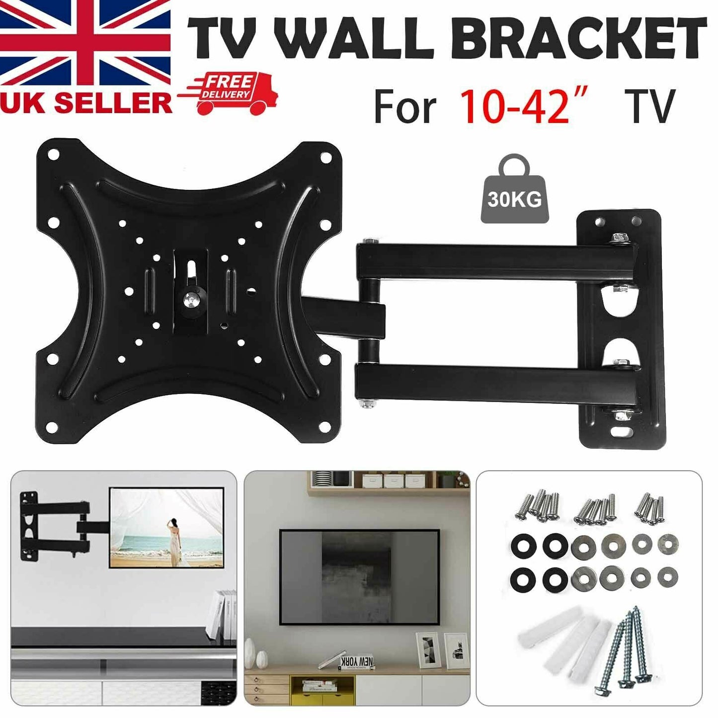TV Wall Bracket for 10" to 42" Heavy Duty TV Mount Bracket Adjustable TV Wall Mounted Holder with Swivel Tilt Motion Arm for Flat TV Curved TV up to 30kg Max VESA 75x75mm to 200x200mm