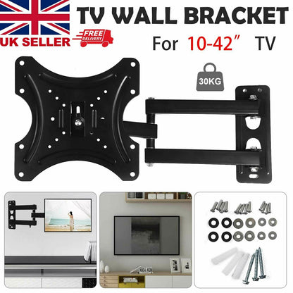 TV Wall Bracket for 10" to 42" Heavy Duty TV Mount Bracket Adjustable TV Wall Mounted Holder with Swivel Tilt Motion Arm for Flat TV Curved TV up to 30kg Max VESA 75x75mm to 200x200mm