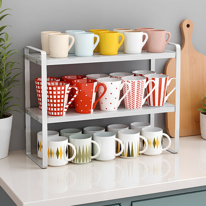 Multi-Tier Storage Rack, Mug Shelves for Desks, Black/White/Natural Wooden and Metal Countertop Organizer Shelf, Display Rack, Perfect for Dormitories Home Office Kitchen Bathroom