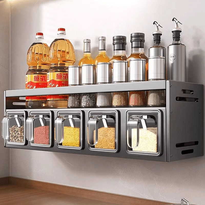 3/4/5-Compartment Seasoning Containers Kitchen Seasoning Storage Rack Spice Rack Organizer for Kitchen Countertop, 1 SET Stainless Steel Adjustable Wall Mounted Spice Storage ith Removable Containers and Seasoning Boxes -Halloween Ideal for Christmas Gift