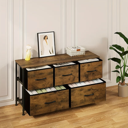 5-Drawer Fabric Chest of Drawers with Metal Frame – Vintage Wood Look Sideboard & TV Cabinet for Living Room, Bedroom & Hallway, Black