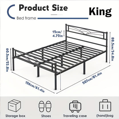 Minimalist Black Metal Bed Frame with Patterned Headboard – Solid Steel, Noise-Free, Fits Multiple Mattress Sizes, for Bedroom, Dorm & Rental Room