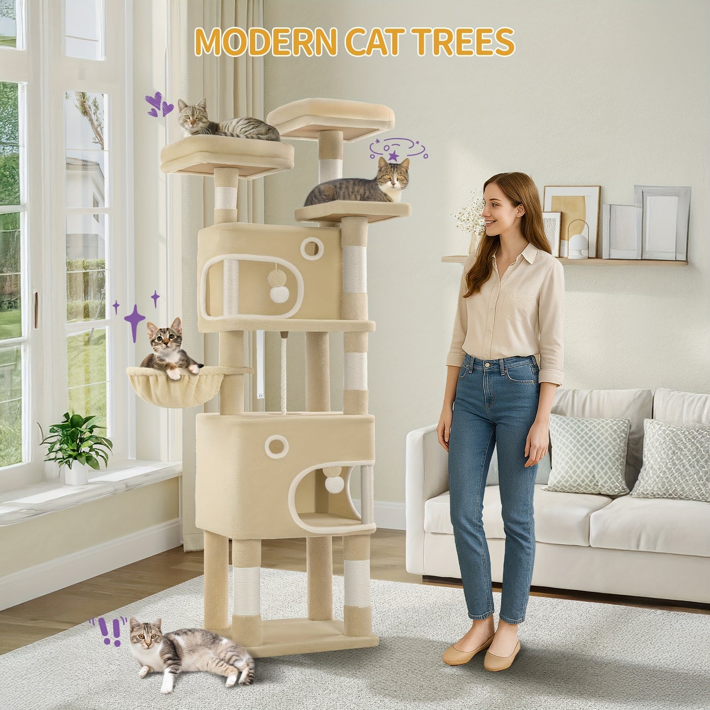 [Multi-Level Cat Tree] HZUANERI 180cm Multi-Level Cat Tree | 8 Scratching Posts, 3 Platforms, 2 Dens, Basket & Plush Balls - Durable Sisal Rope for Indoor Cats of All Sizes, Space-Saving Design for Climbing, Resting & Play, Cat Climbing Tower, Pet Activit