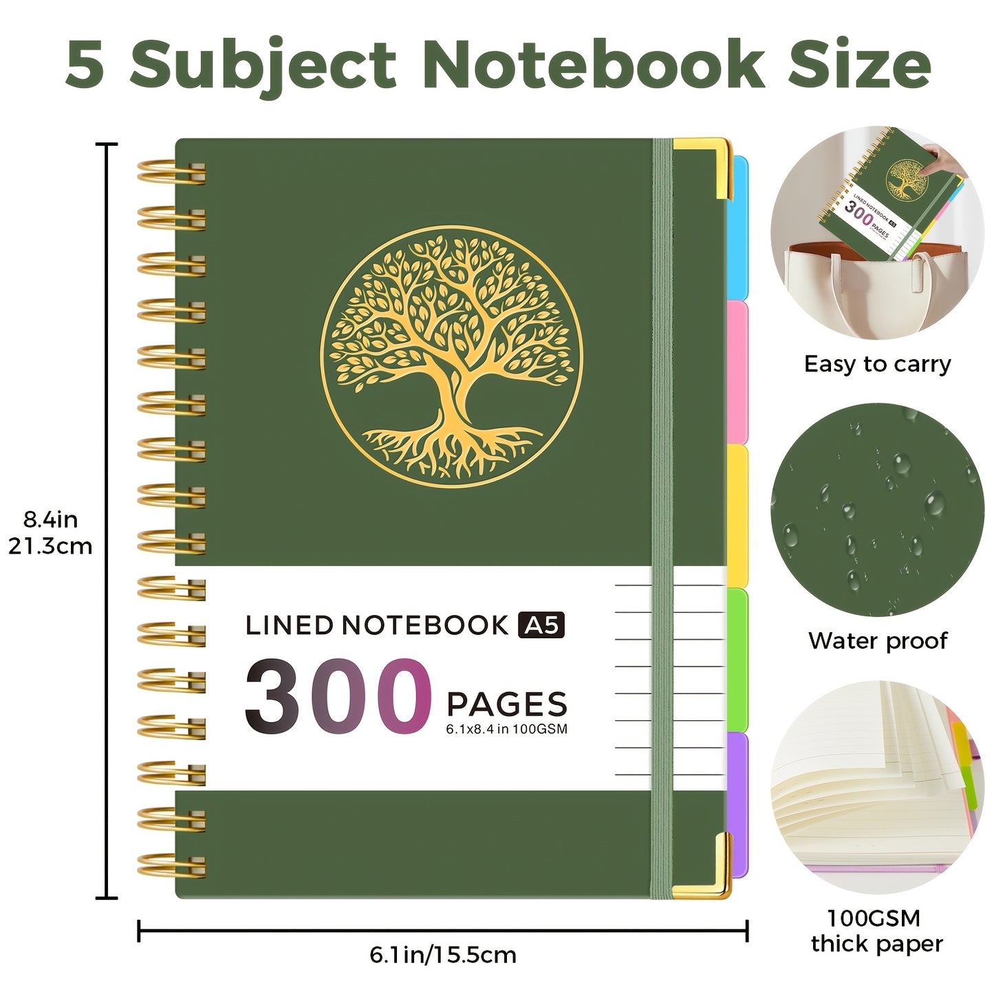 A5 Spiral Notebook with Dividers, 5 Subject Notebook with 300 Pages/150 Sheets 100GSM Lined Paper, No Bleed, 5 Project Notepad for Writing Note Taking, School Office Supplies, 14.7 X 21cm, Back to School