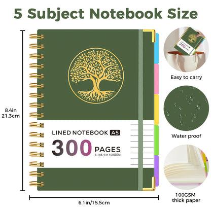 A5 Spiral Notebook with Dividers, 5 Subject Notebook with 300 Pages/150 Sheets 100GSM Lined Paper, No Bleed, 5 Project Notepad for Writing Note Taking, School Office Supplies, 14.7 X 21cm, Back to School