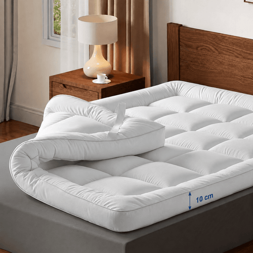 Mattress Topper, 10cm/4Inch Microfiber Overfill, Plush Soft Surface, Four-Corner Elastic Straps for Secure Fit, Anti-Shift & Even Weight Distribution, Fits Single/Double/King/Super King UK Beds