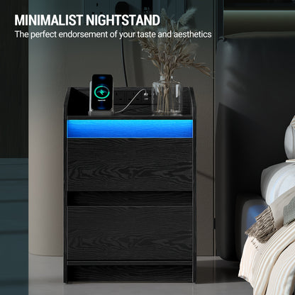 Bedside Tables, Side Table with LED Lights, Charging Station, USB Ports And Electrical Outlets, 2 Drawers, Ideal for Living Room And Bedroom, White