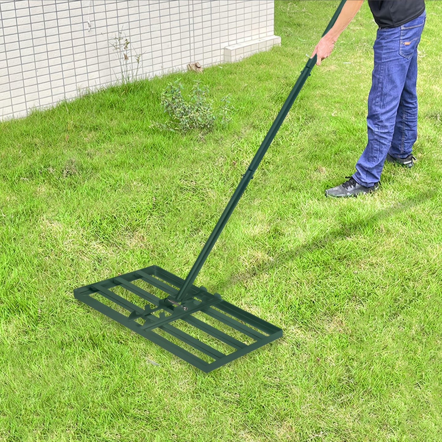 Professional Heavy-Duty Stainless Steel Lawn Leveling Rake with Adjustable Length Handle (25x50cm/25x75cm) - 4-Section Telescopic Design, Ergonomic Non-Slip Grip & 4-Section Lever Mechanism for Golf Courses, Gardens, Yards - Sand Trap, Bunker