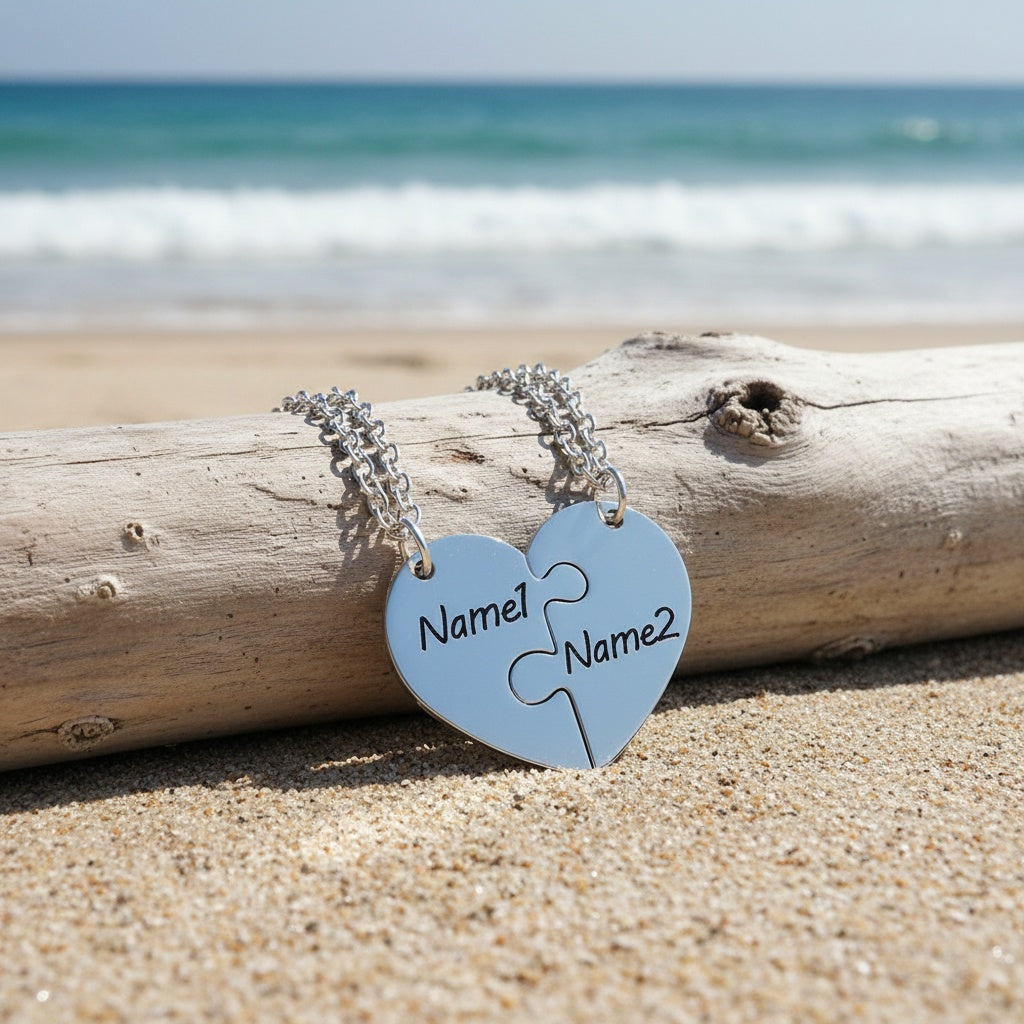 2pcs Name Customized Two Halves Heart Necklace/Stainless Steel Material/Peach Heart Can Engrave Family, Good Friends, Couple Names/Two-Piece Necklace