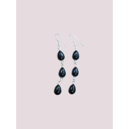 925 Sterling Silver Natural Gemstone 3 stone long Earring, Bezel Set Birthstone Ring, Perfect gift