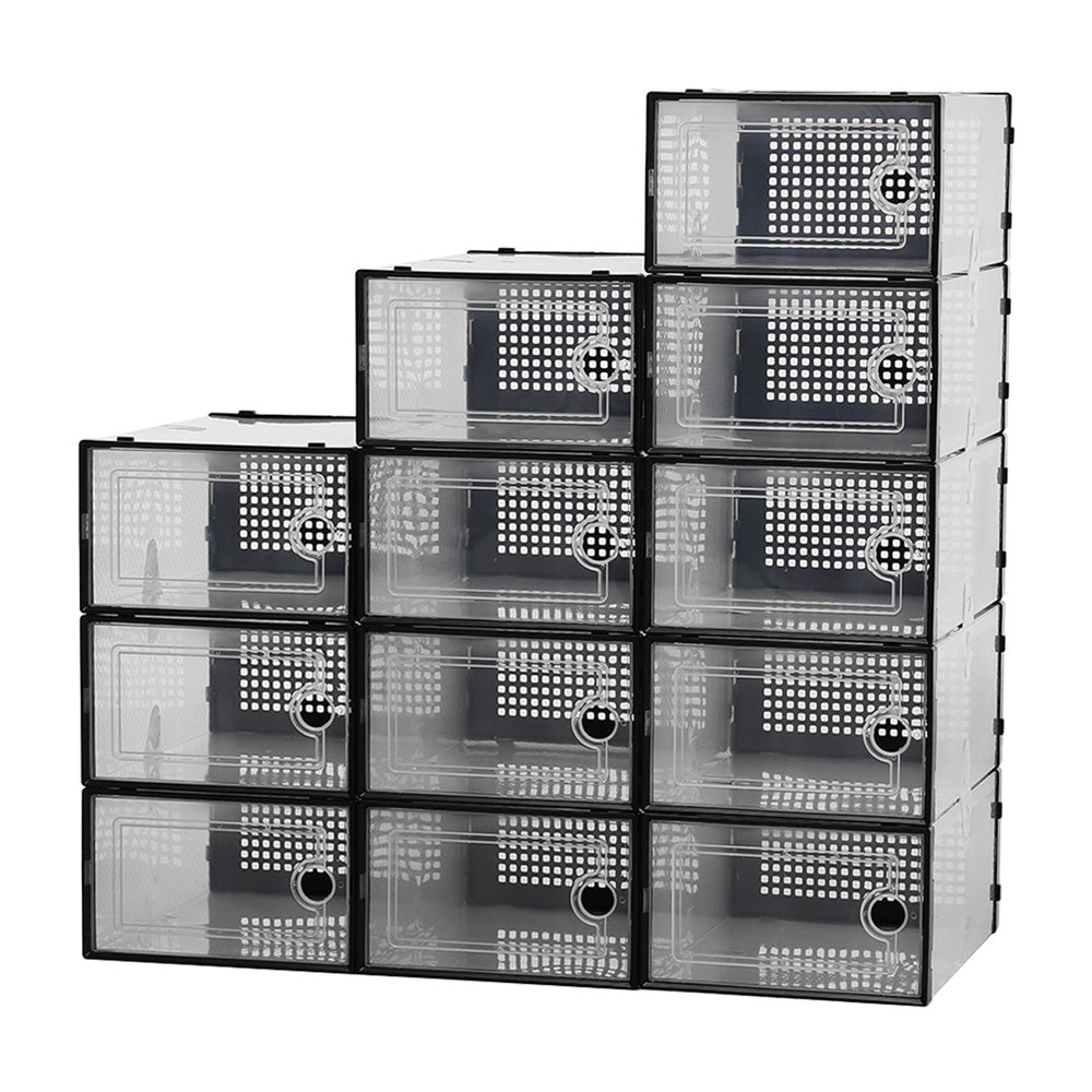 Pack of 12 Stackable Shoe Organizers Shoe Storage Boxes with Dustproof Doors, Large Shoe Boxes Transparent Foldable Shoe Storage Cabinet, Portable Space-saving Shoe Box, Under Bed Shoe Containers, Versatile Footwear Containers Holder for Entryway, Closet,