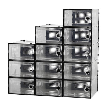 Pack of 12 Stackable Shoe Organizers Shoe Storage Boxes with Dustproof Doors, Large Shoe Boxes Transparent Foldable Shoe Storage Cabinet, Portable Space-saving Shoe Box, Under Bed Shoe Containers, Versatile Footwear Containers Holder for Entryway, Closet,