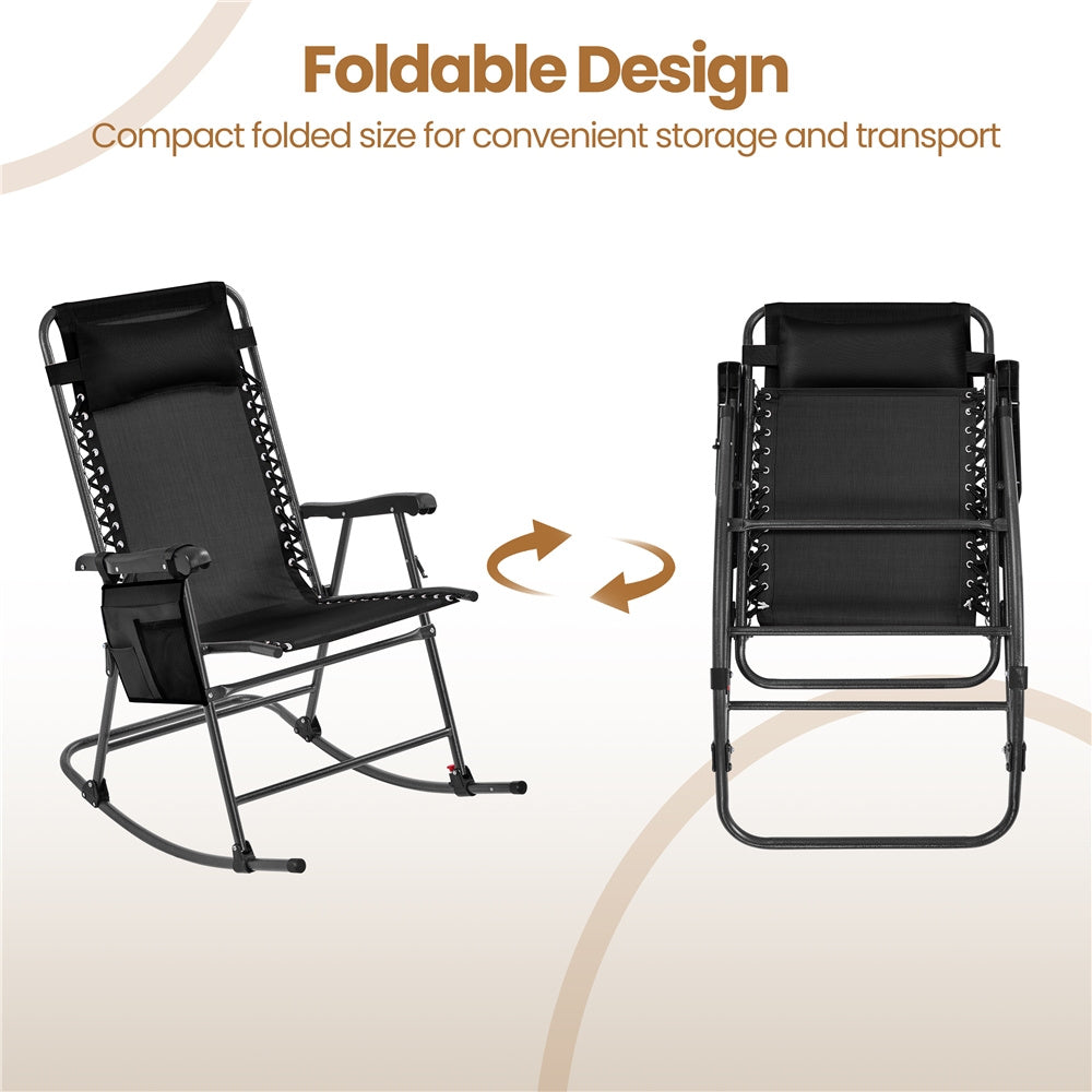 Costoffs Patio Chair Foldable Rocking Chair, Outdoor Lounge Chair with Headrest Pillow for Outdoor Use Only, Napping or Sunbathing, Black/Beige/Navy Blue Outdoor Use Only