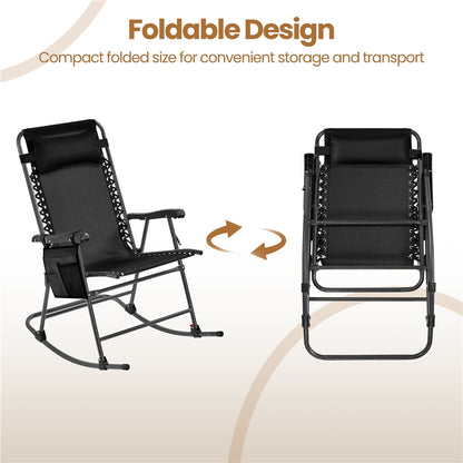 Costoffs Patio Chair Foldable Rocking Chair, Outdoor Lounge Chair with Headrest Pillow for Outdoor Use Only, Napping or Sunbathing, Black/Beige/Navy Blue Outdoor Use Only
