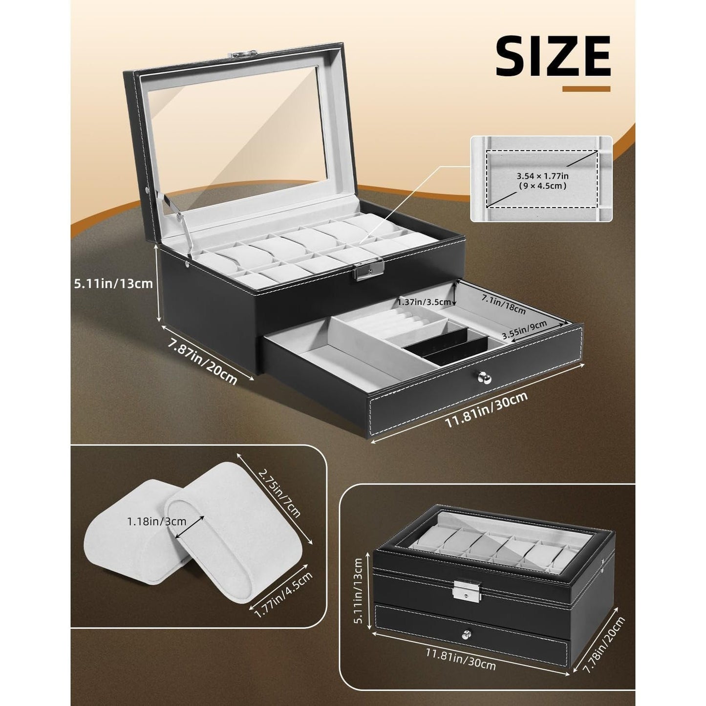 Uten Watch Box 12 Slots, 2-Tier Watch Case with Glass Lid, Watch Display Storage Box for Men and Women, Removable Watch Pillows