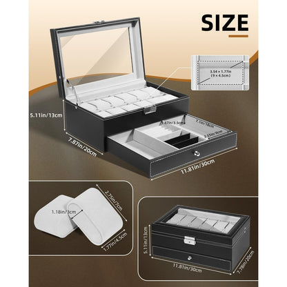 Uten Watch Box 12 Slots, 2-Tier Watch Case with Glass Lid, Watch Display Storage Box for Men and Women, Removable Watch Pillows