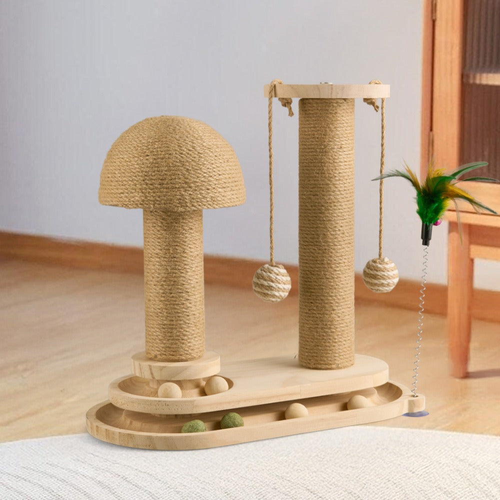 4-in-1 Cat Scratching Post with Sisal Rope, Ball Track & Spring Toy – Interactive Solid Wood Cat Activity Centre, 2 Sizes