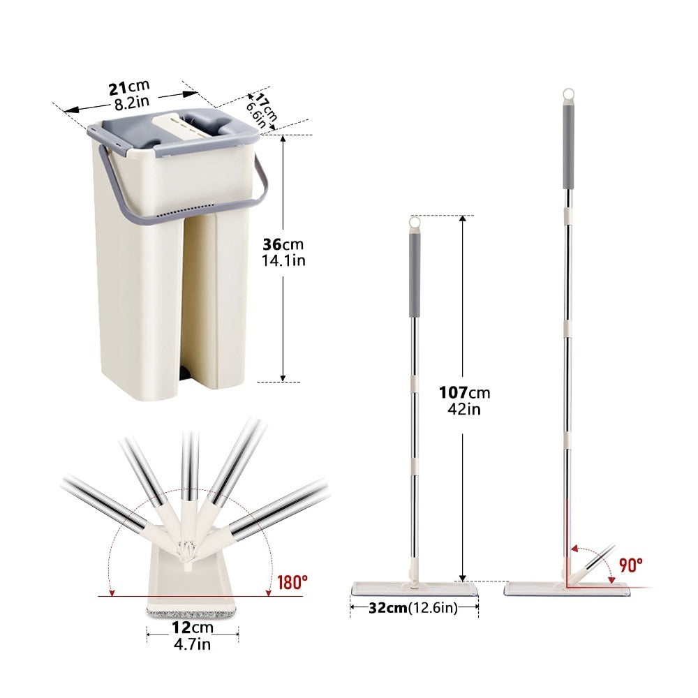 360° Microfiber Mop and Bucket Set with Squeeze Wringer – Flat Floor Mop Wet & Dry Cleaning System for Home Tiles Hardwood & Laminate Floors with Replacement Heads