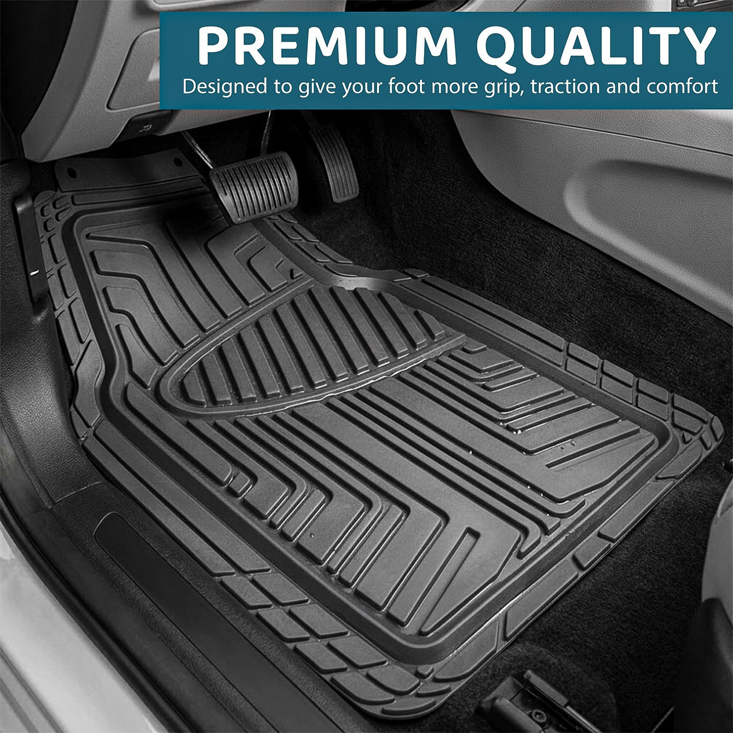 Heavy Duty Rubber Car Mats 4 Piece Set | Universal Non Slip Floor Mats | Cut to Fit All Weather Mats for Cars, Vans, SUVs & Trucks