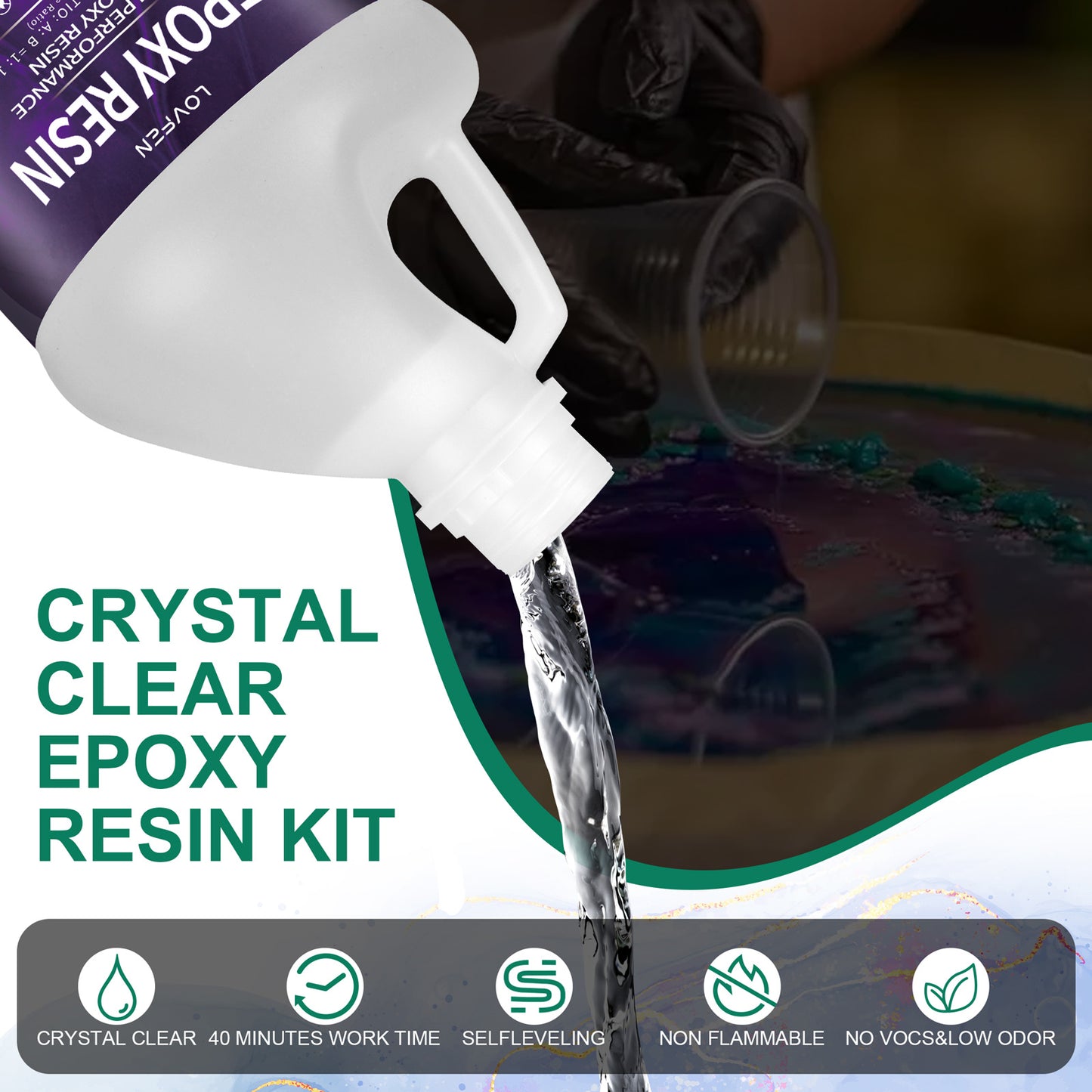 LOVFEN Epoxy Resin Kit Available in 16Oz, 32Oz, 64Oz, 3.79 L, And 7.57 L Sizes, Featuring a 1:1 Mix Ratio. This Crystal Clear Epoxy Is Ideal for Tabletops, Offering a Self-Leveling, Durable, And High-Gloss End Suitable for Casting, Resin Art