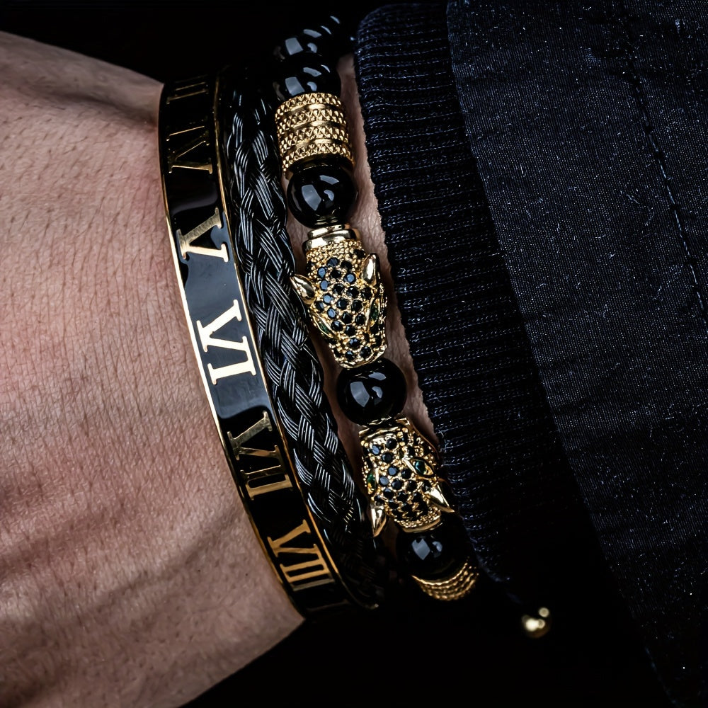 New Trend in Men'S Bracelets Featuring Braided Design, Pave CZ, Double Leopard Head, Enamel, And Jewelry for Men