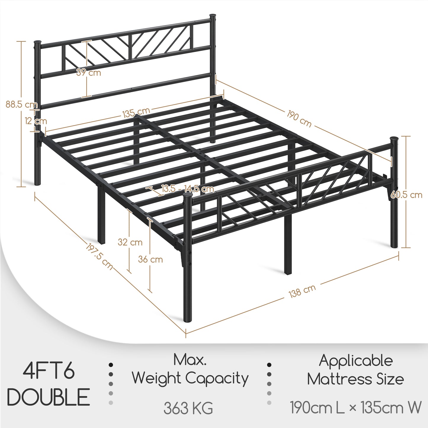 Costoffs Metal Platform Bed Frame, Single/Double/King Sizes, Mattress Foundation with Arrow Design Headboard & Footboard, Built-in Steel Slats, 32cm Underbed Storage, No Box Spring Needed, Black/White
