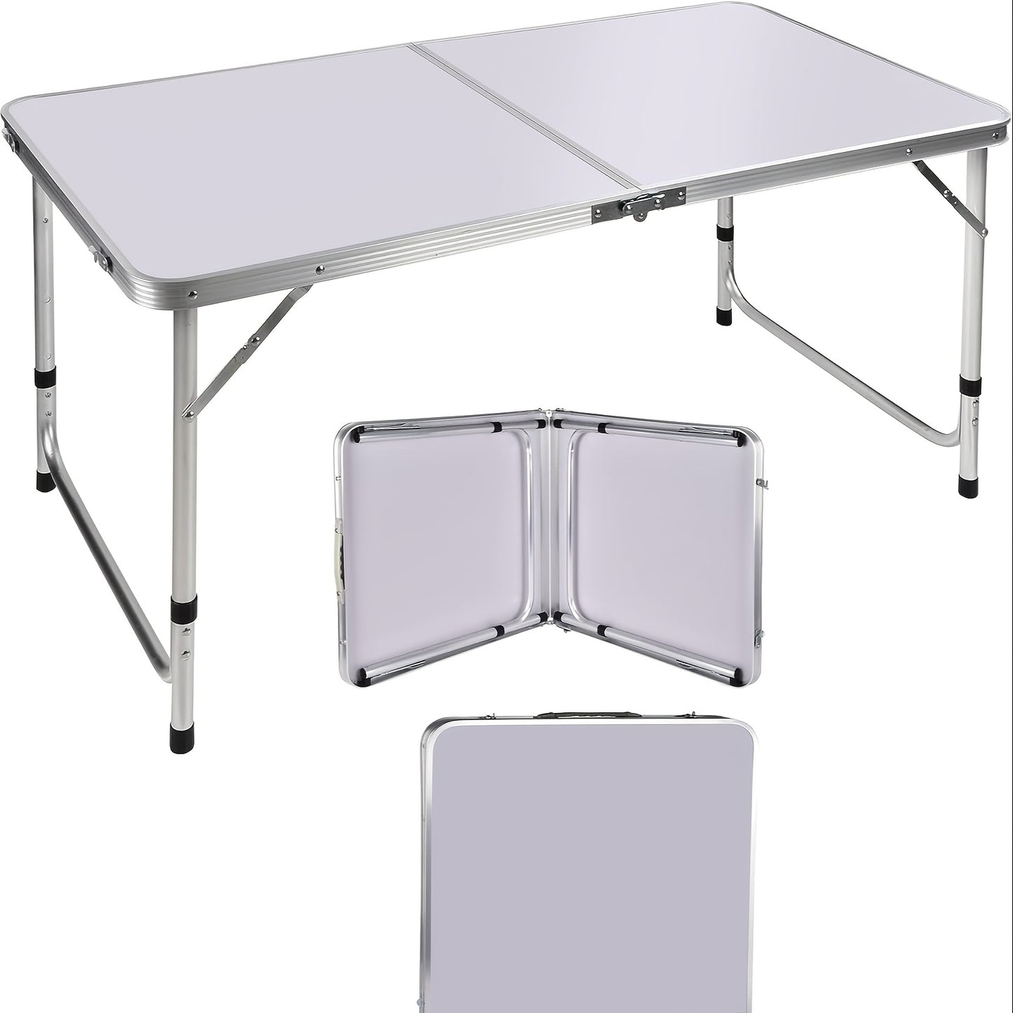 4ft Folding Trestle Table Aluminium 3 Adjustable Heights 70/62/55cm Portable Camping Picnic Table 120x60cm Lightweight Carry Handle Indoor Outdoor White