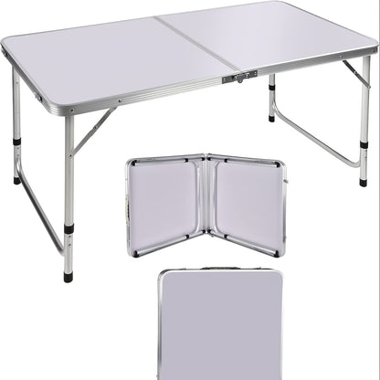 4ft Folding Trestle Table Aluminium 3 Adjustable Heights 70/62/55cm Portable Camping Picnic Table 120x60cm Lightweight Carry Handle Indoor Outdoor White