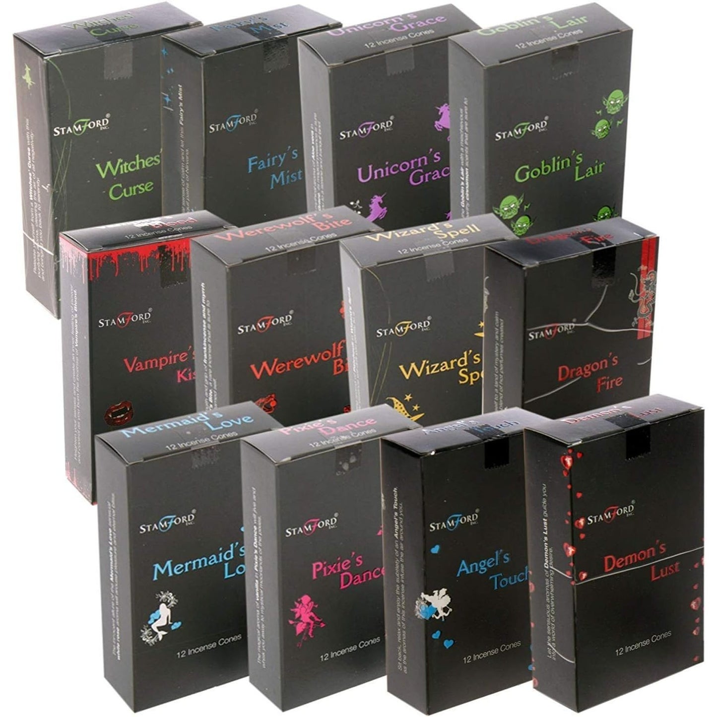 Stamford Black Incense Cones Mixed Variety Pack 144 Cones (12 Boxes x 12 Cones) Aromatic Fragrance Sampler Set