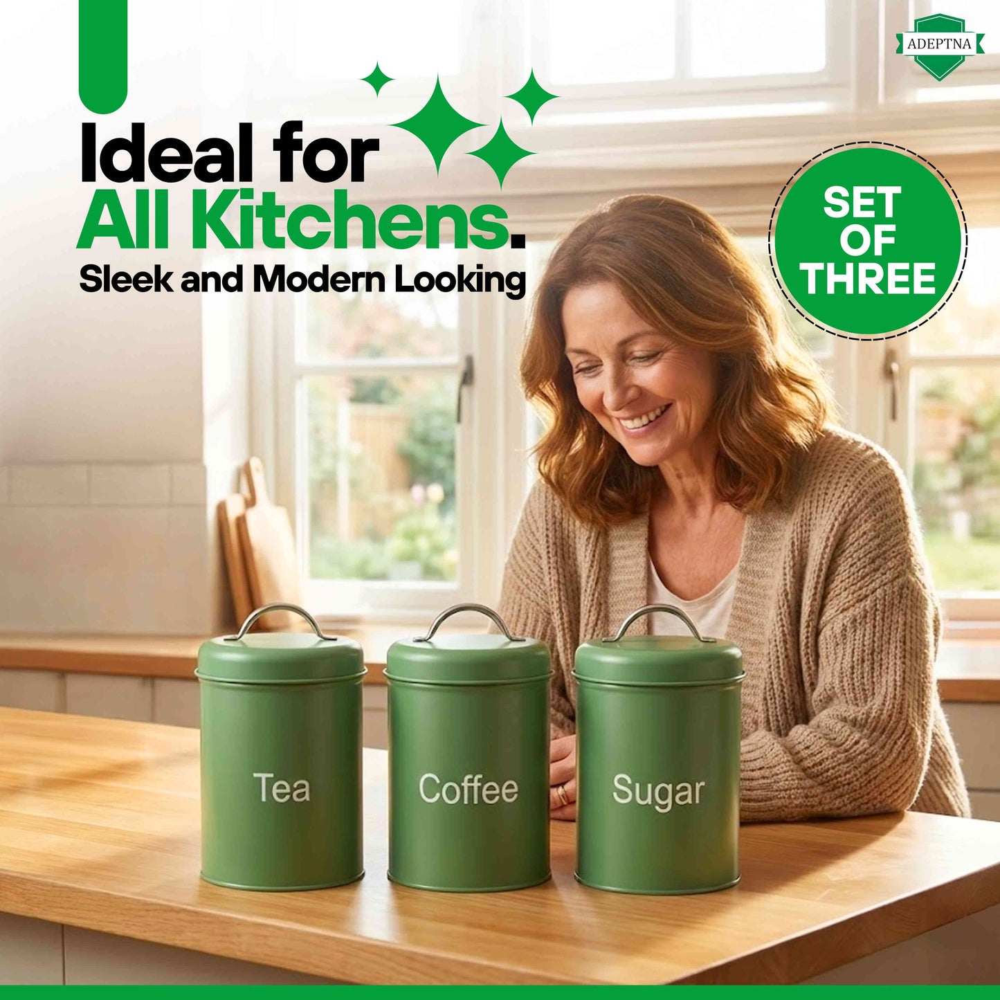 ADEPTNA 3pcs Tea Coffee Sugar Canister Set Airtight Metal Kitchen Storage Jars with Lids Durable Round Food Containers Easy Clean, Minimal Modern Design for Home, Office & Camping