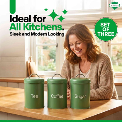 ADEPTNA 3pcs Tea Coffee Sugar Canister Set Airtight Metal Kitchen Storage Jars with Lids Durable Round Food Containers Easy Clean, Minimal Modern Design for Home, Office & Camping