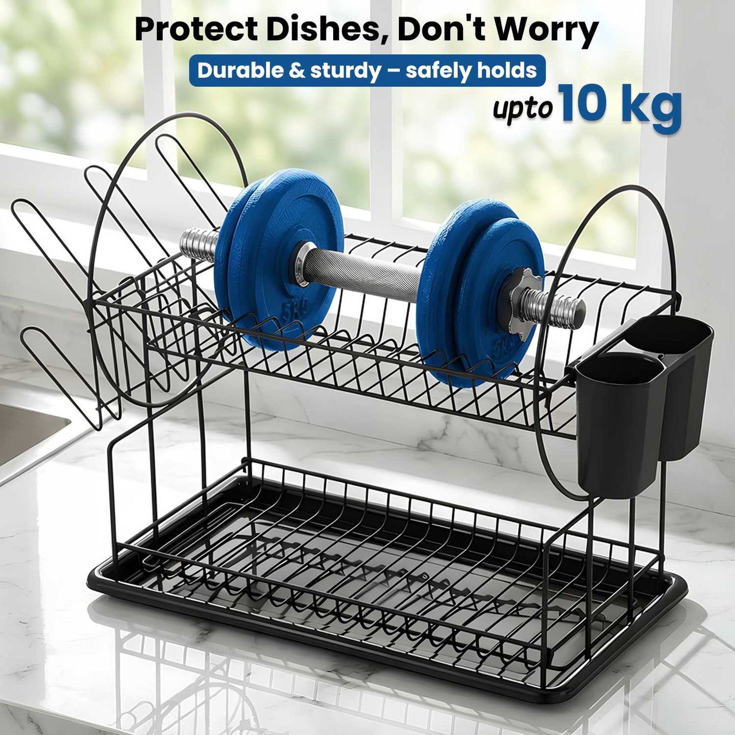AEX 2 Tier Dish Drainer Rack – Stainless Steel Kitchen Counter Dish Drying Rack with Drip Tray, Cutlery Holder and Cup Holder