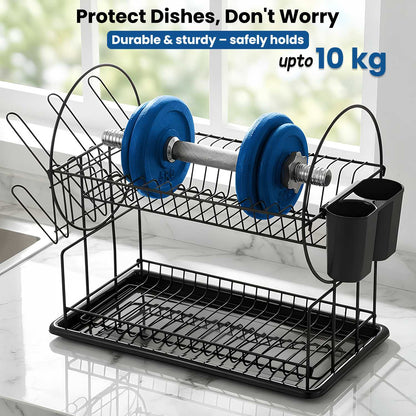 AEX 2 Tier Dish Drainer Rack – Stainless Steel Kitchen Counter Dish Drying Rack with Drip Tray, Cutlery Holder and Cup Holder