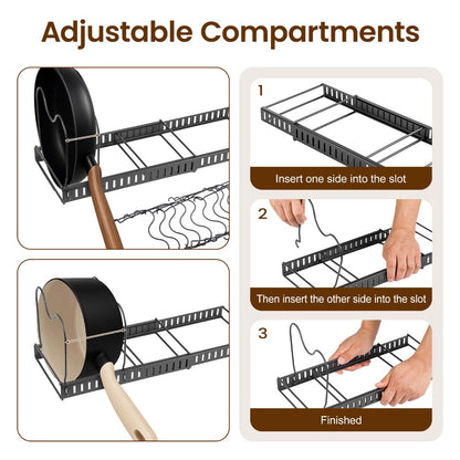 1 Set Pot and Pan Organizer Rack with 10 Adjustable Dividers – Expandable Kitchen Cabinet Storage for Lids, Dishes, Cookware – Bakeware Rack for RV & Home