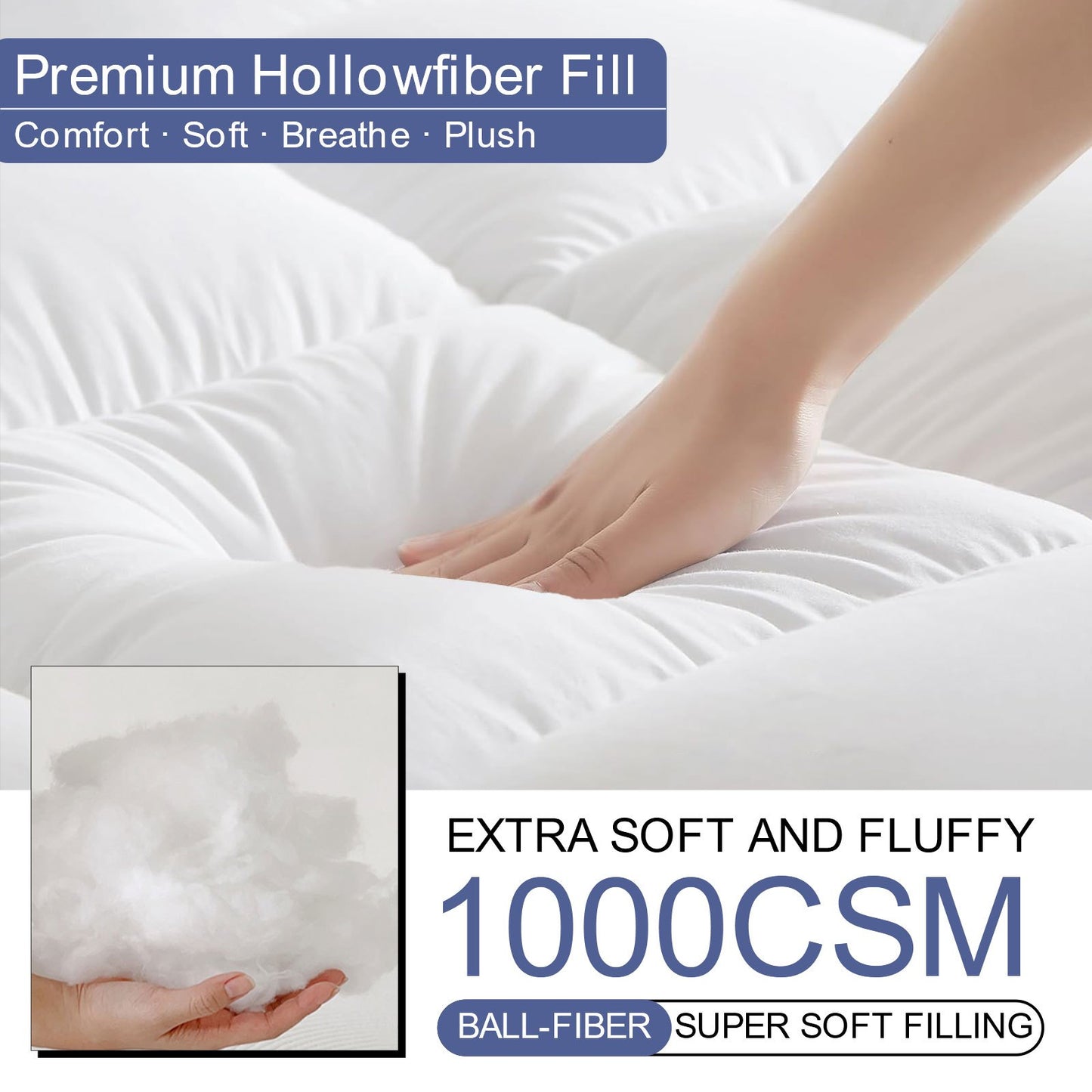 10cm Hotel Quality Mattress Topper | Summer Cooling Super Soft with 1000GSM Hollowfiber Filling | 4 Elasticized Corner Straps | White Blue Grey | Suitable for UK Single, Small Double 4ft, Double, King, Super King Size