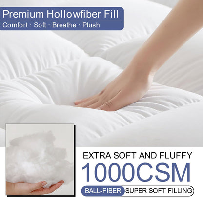 10cm Hotel Quality Mattress Topper | Summer Cooling Super Soft with 1000GSM Hollowfiber Filling | 4 Elasticized Corner Straps | White Blue Grey | Suitable for UK Single, Small Double 4ft, Double, King, Super King Size