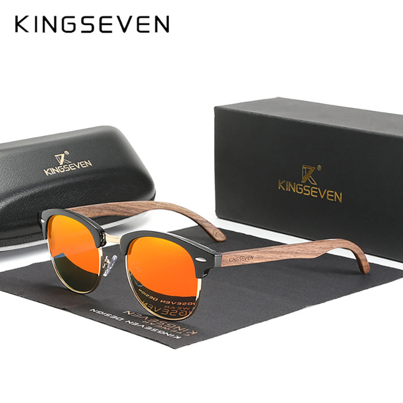 KINGSEVEN Black Walnut Wooden Handmade Semi-Rimless Retro Polarized Eyewear for Men Women