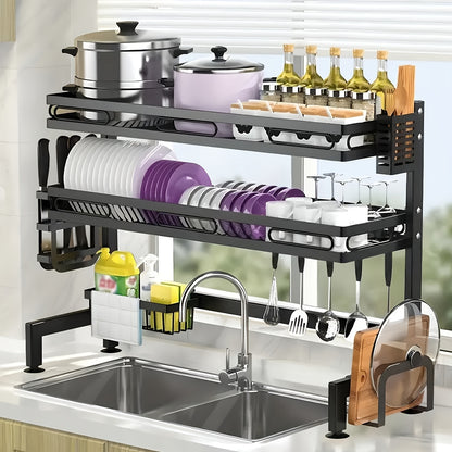 1pc Dish Rack, Stainless Steel Over Sink 2 Layers Dish Rack, Large Capacity Space-saving Dish Storage Organizer, For Kitchen Countertop, Kitchen Organizers And Storage, Kitchen Accessories