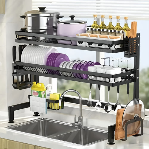 1pc Dish Rack, Stainless Steel Over Sink 2 Layers Dish Rack, Large Capacity Space-saving Dish Storage Organizer, For Kitchen Countertop, Kitchen Organizers And Storage, Kitchen Accessories